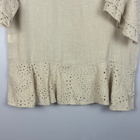 Valentina Naldi 100% Linen Cotton Cream Eyelet Ruffle Sleeves Hem Large Blouse - Picture 5 of 8